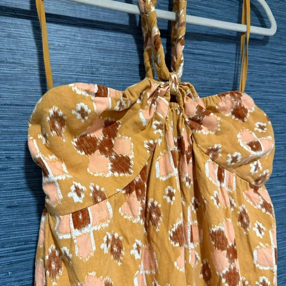 Aerie Linen Blend Halter Midi Dress Mustard Yellow Ikat Geometric Print Large